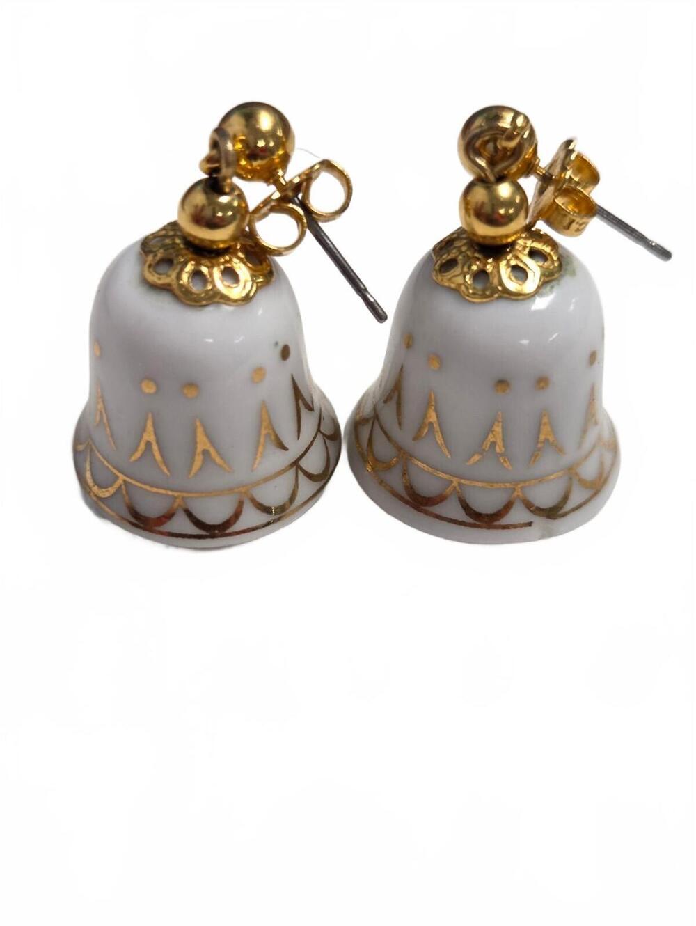 Vintage Avon Ceramic Bell Shaped Stud Earrings with Gold Detailing